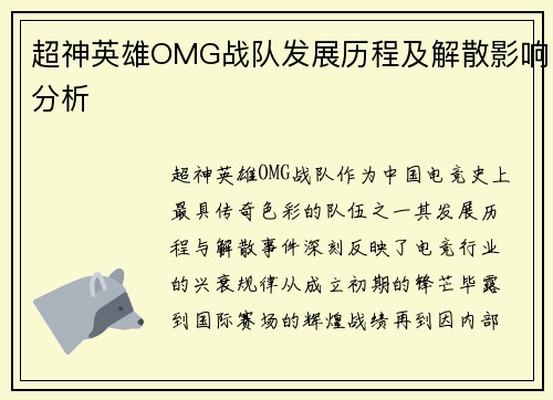 超神英雄OMG战队发展历程及解散影响分析